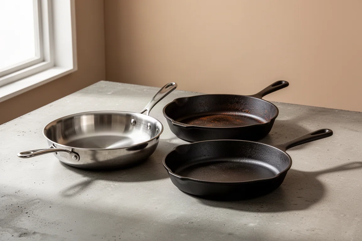 Lineup of stainless steel and cast iron cookware on a concrete surface