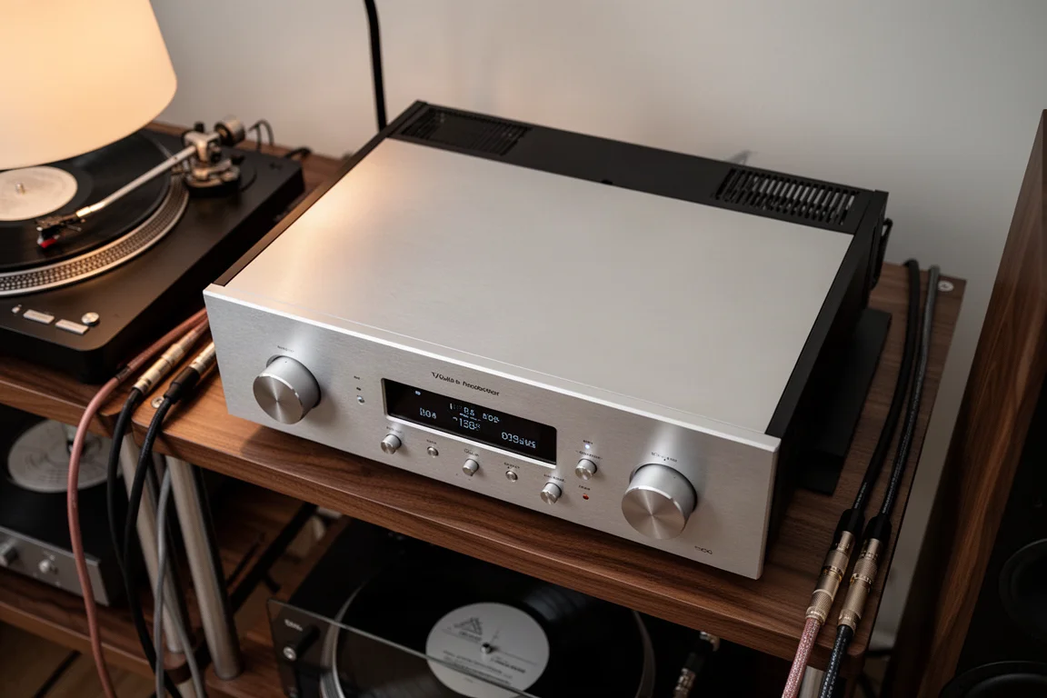 Vista dall'alto di un rack hi-fi con amplificatore integrato a larghezza piena e giradischi