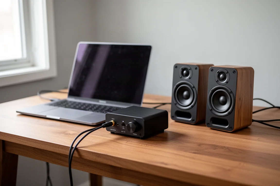 Piccolo amplificatore da scrivania accanto a un laptop e diffusori compatti su una scrivania in legno
