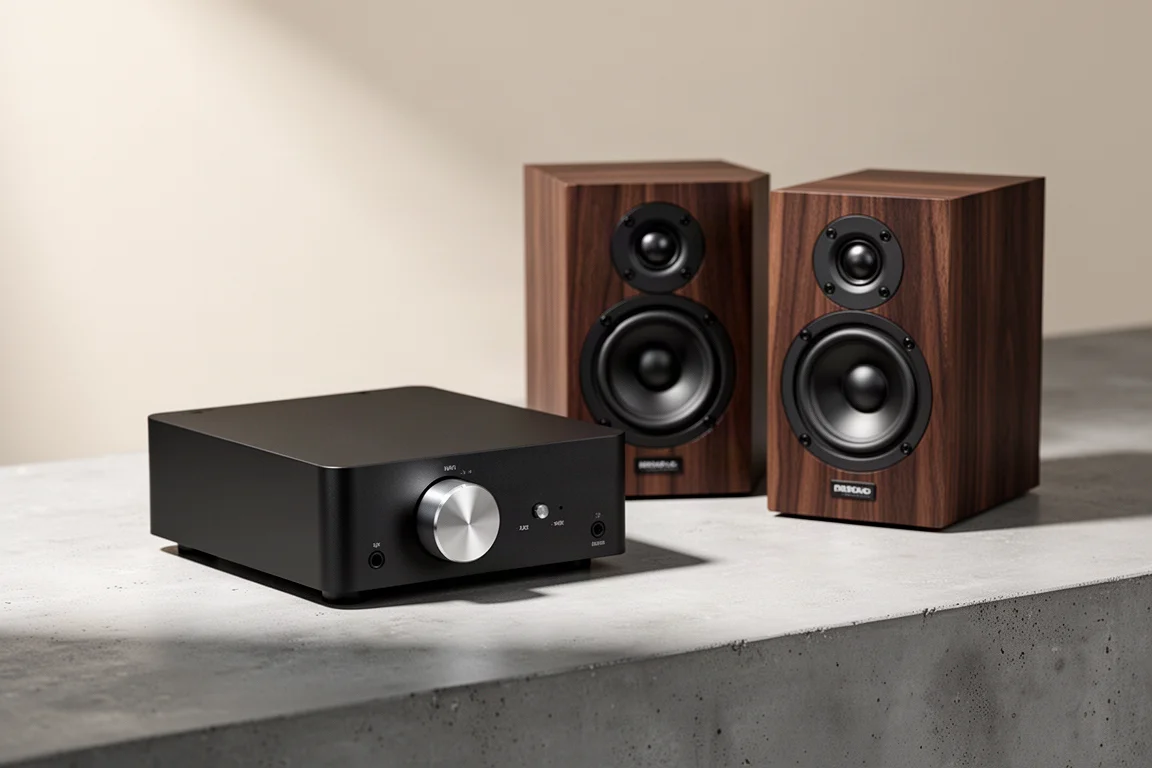 Compact desktop amplifier and two standmount speakers on a concrete surface