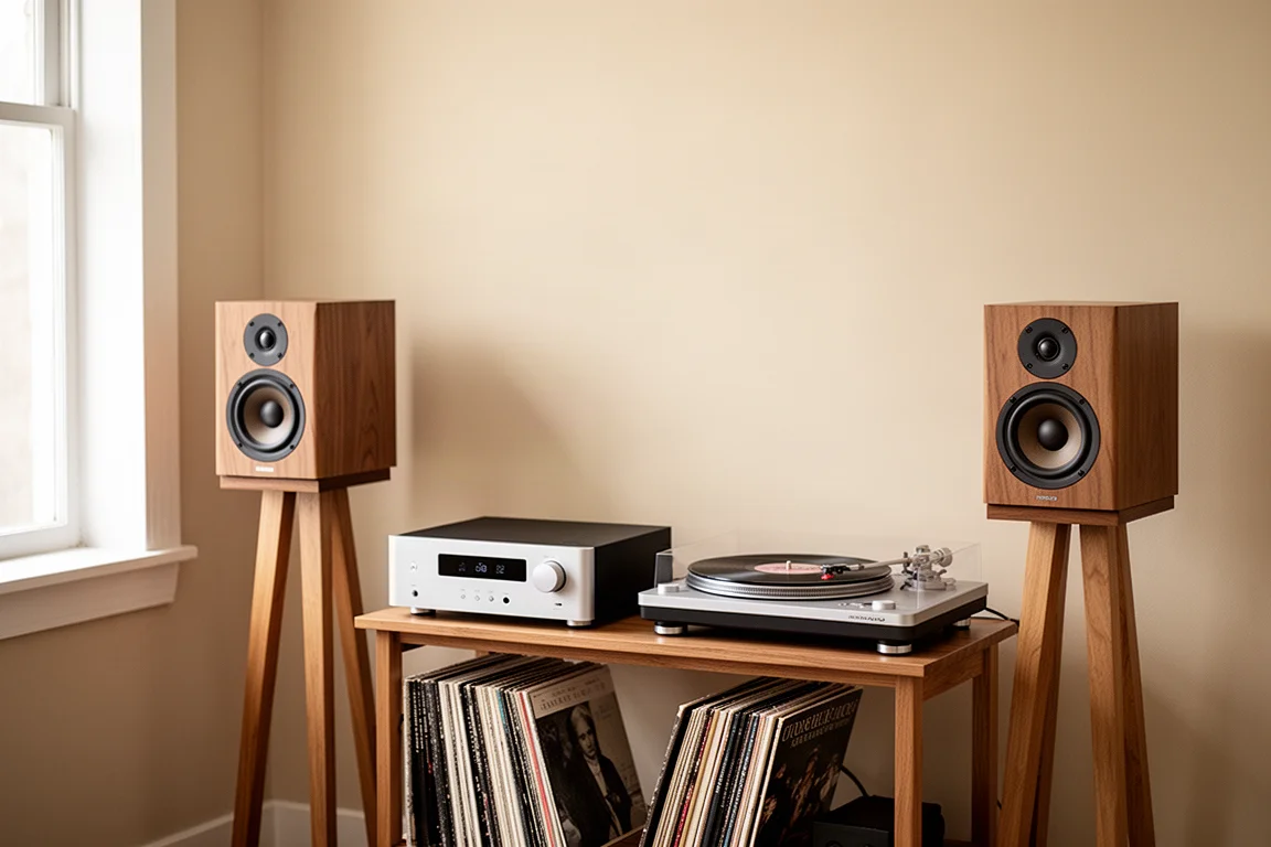 Compact listening setup with standmount speakers, a slim amplifier, and a turntable