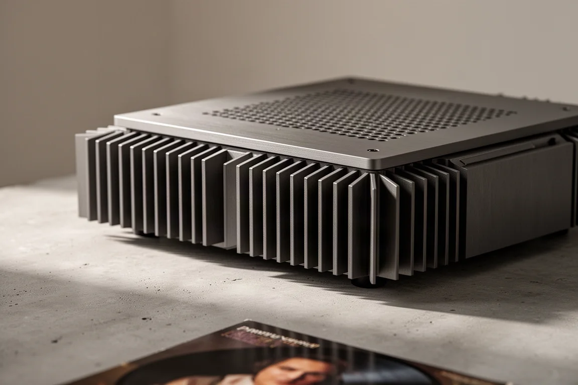 Close-up of the vented lid and heatsink fins of a low wide amplifier