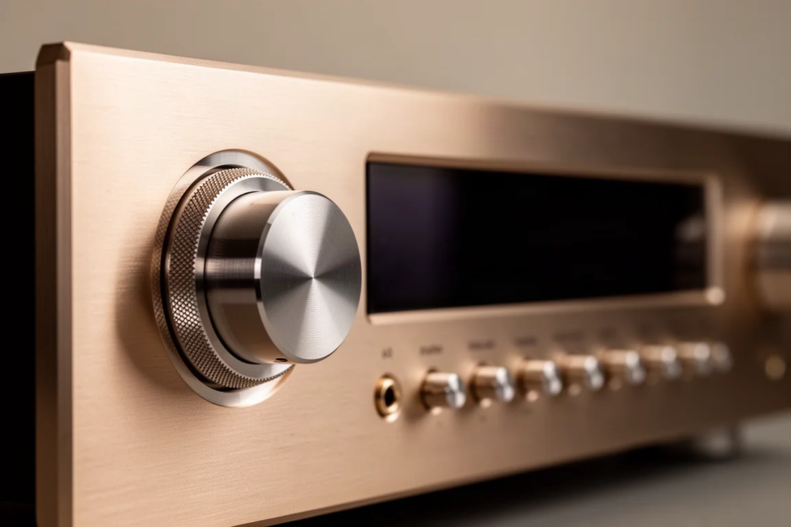 Detail of a machined rotary dial and switches on a high-end amplifier fascia