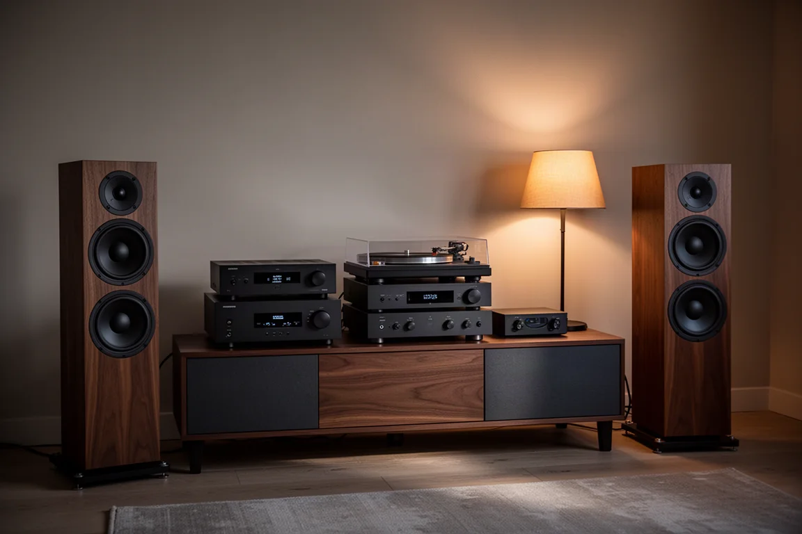 Living room at dusk with floorstanding speakers and a rack of hi-fi separates