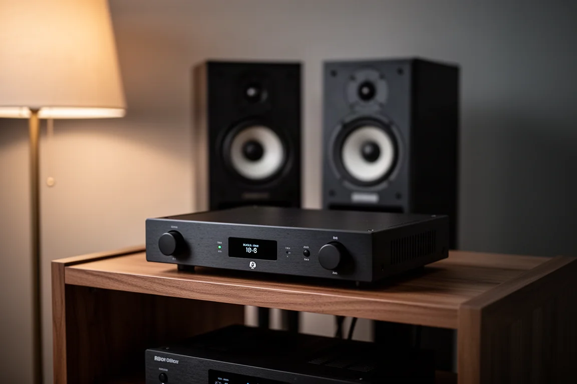 Schwarze Class-AB-Endstufe auf einem niedrigen Hi-Fi-Rack neben einem Paar Regallautsprecher