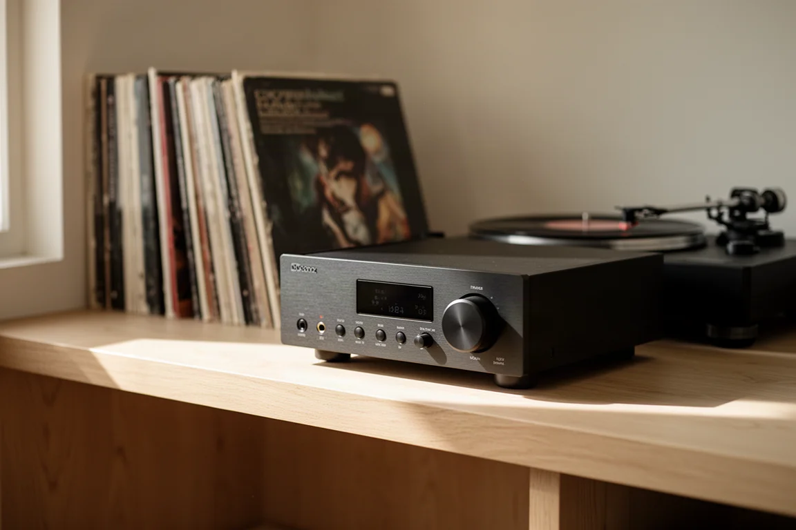 Kompakter Vollverstärker auf einem Regal mit Schallplatten im Hintergrund
