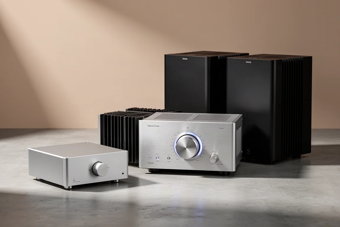 Group of hi-fi amplifiers on a concrete surface in soft studio light