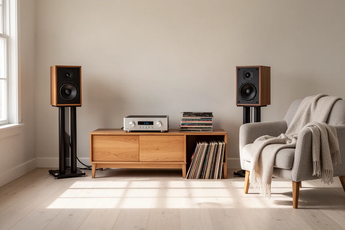 Living room listening corner with bookshelf speakers, a small amplifier, and vinyl records