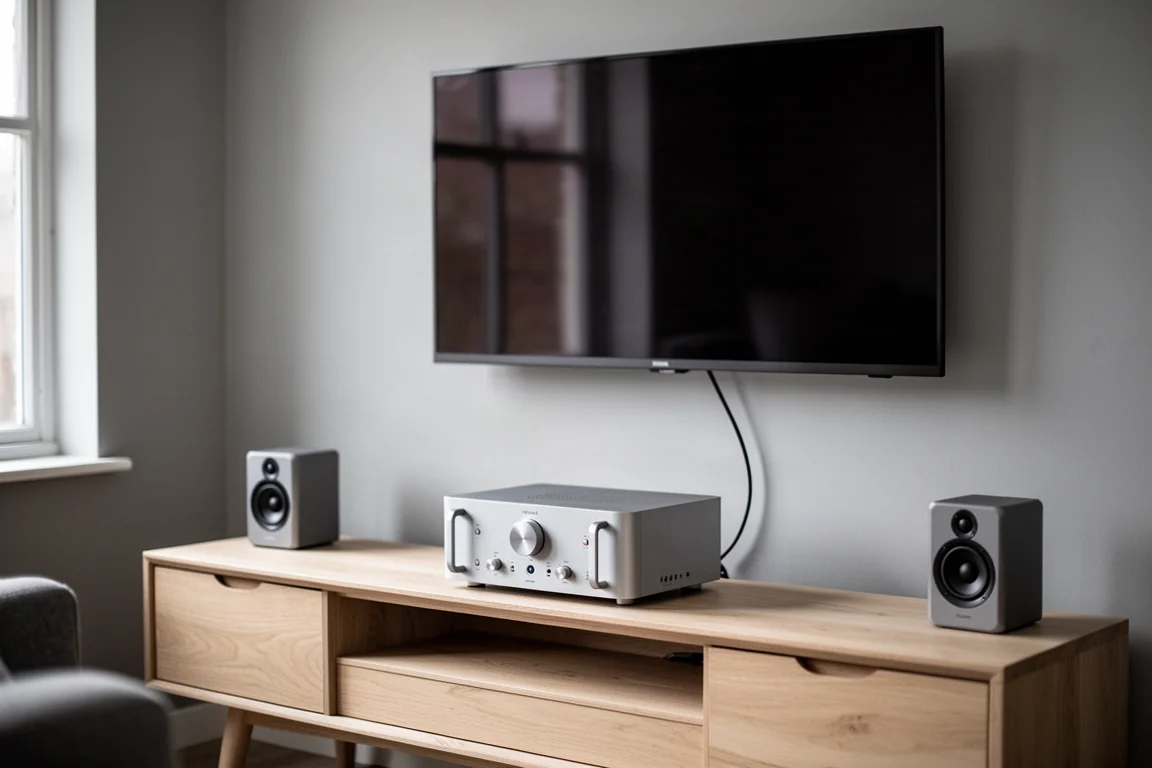 Compact amplifier on an oak media console below a wall-mounted television