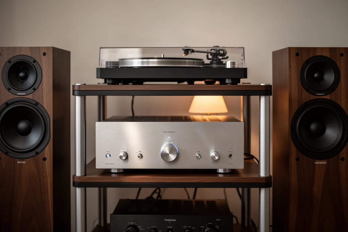 Silver amplifier on a hi-fi rack with a turntable and floorstanding speakers