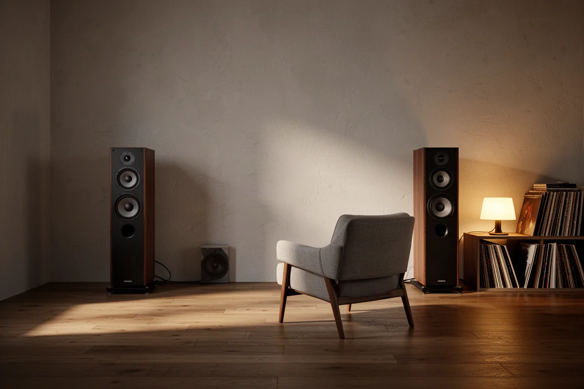 Evening listening room with floorstanding speakers, an armchair, and a warm lamp