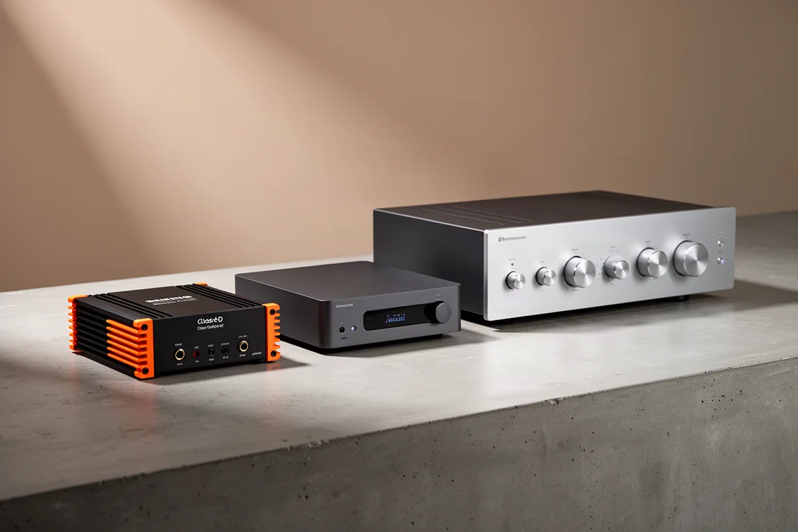 Three integrated amplifiers of different sizes arranged in a row on a concrete surface