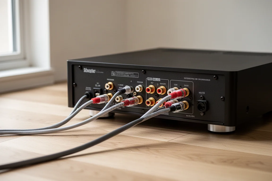 Panneau arrière d'un amplificateur fin avec câbles d'enceintes et interconnexions proprement branchés