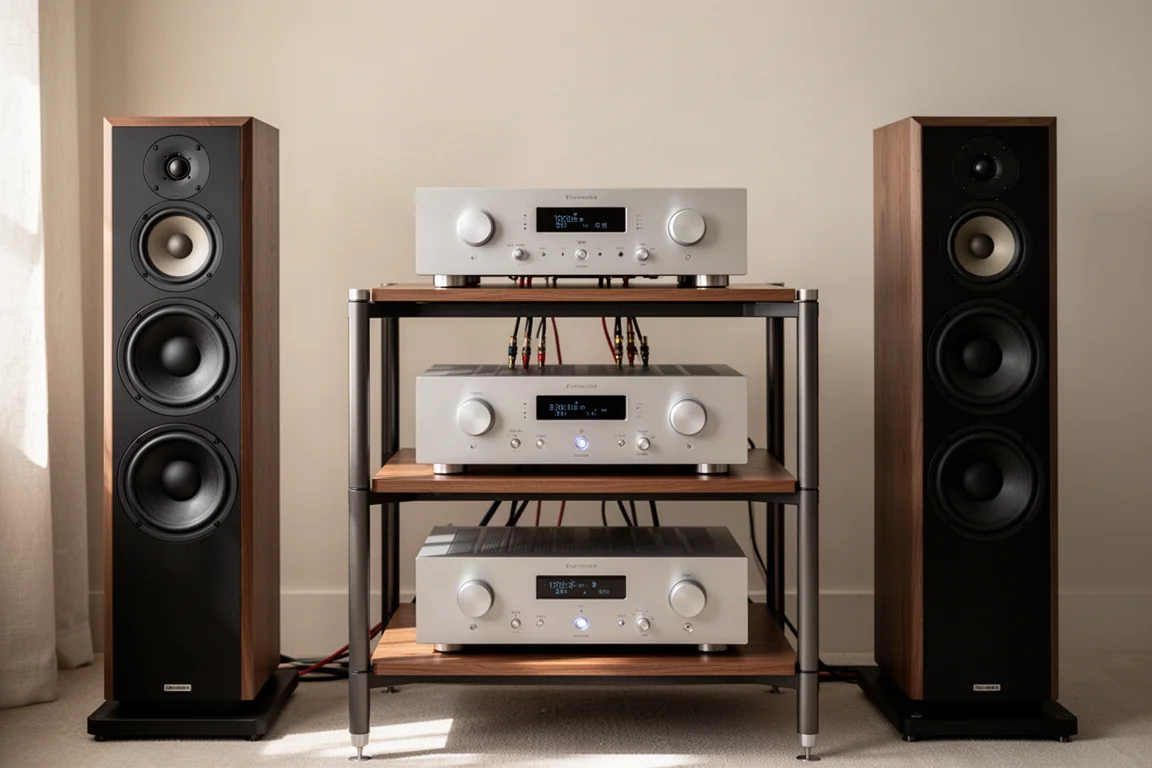 Rack hi-fi ordonné avec deux amplificateurs empilés et enceintes colonnes dans une pièce neutre