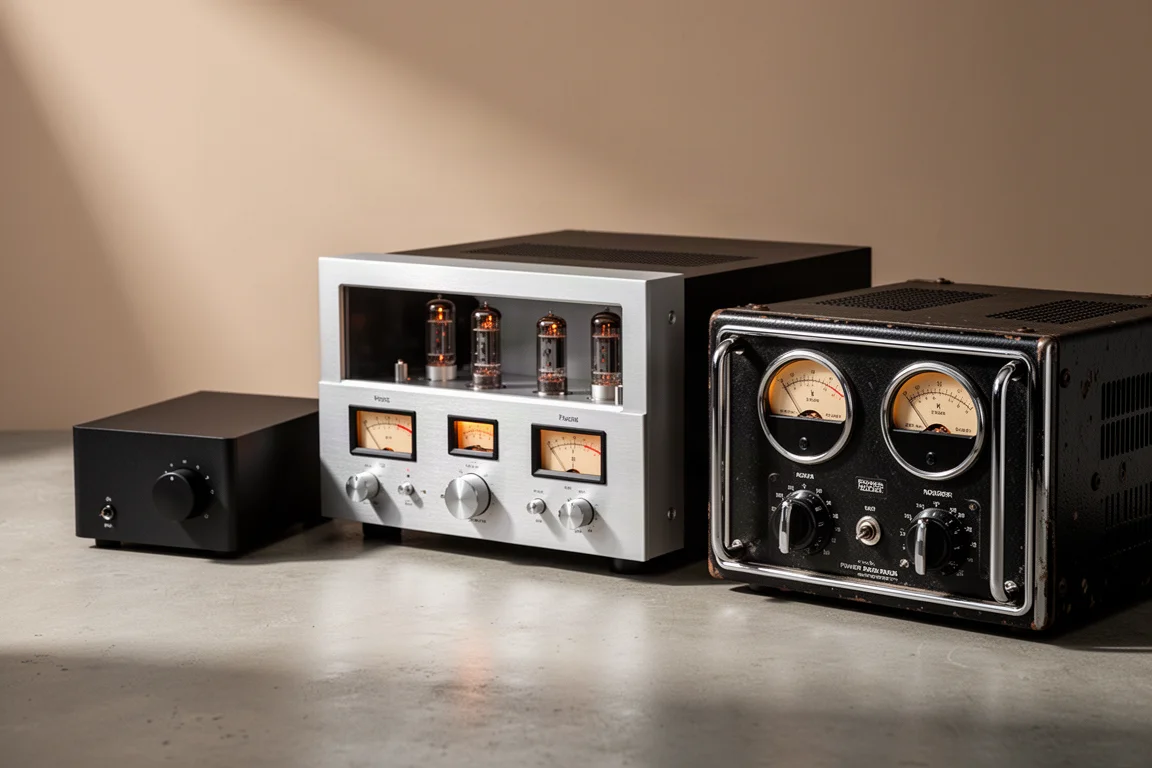 Three stereo amplifiers on a concrete surface, including a silver integrated amp with VU meters