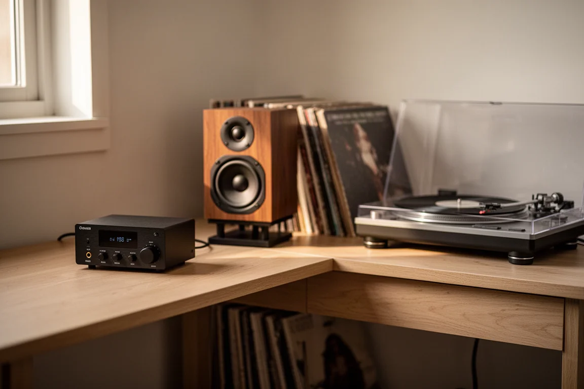 Kleine Desktop-Hi-Fi-Anlage mit Mini-Verstärker, Regallautsprechern und Plattenspieler