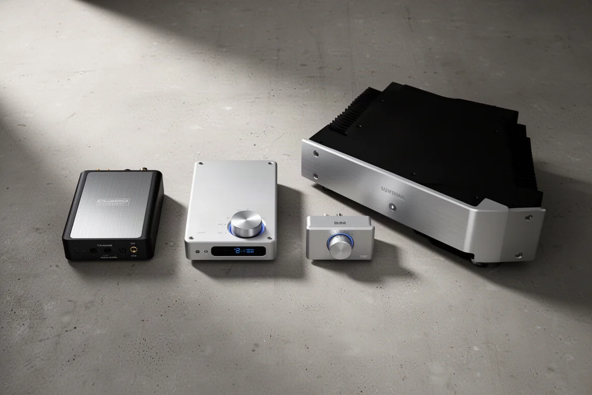 Three stereo amplifiers of different sizes arranged on a concrete surface