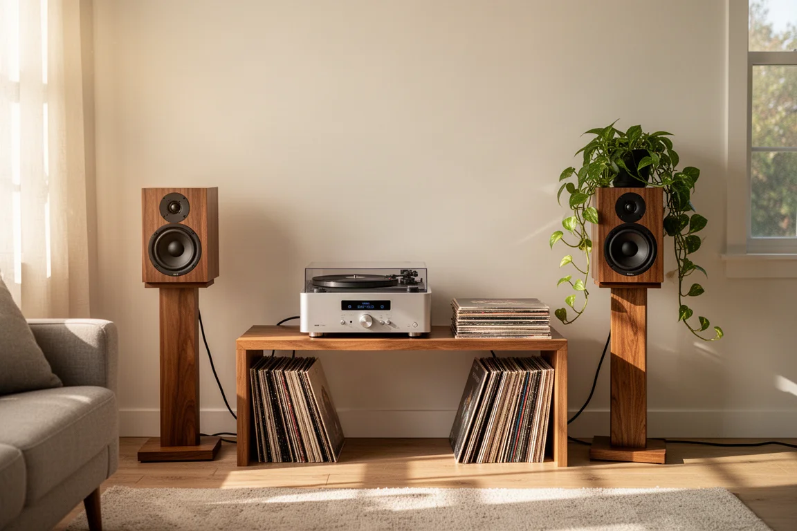 Bright living room listening setup with small bookshelf speakers, a compact amplifier and a turntable