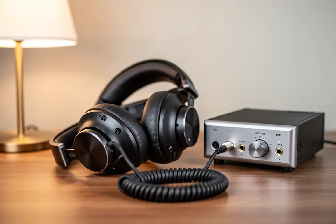 Full-size over-ear headphones resting on a wooden desk beside a compact amplifier