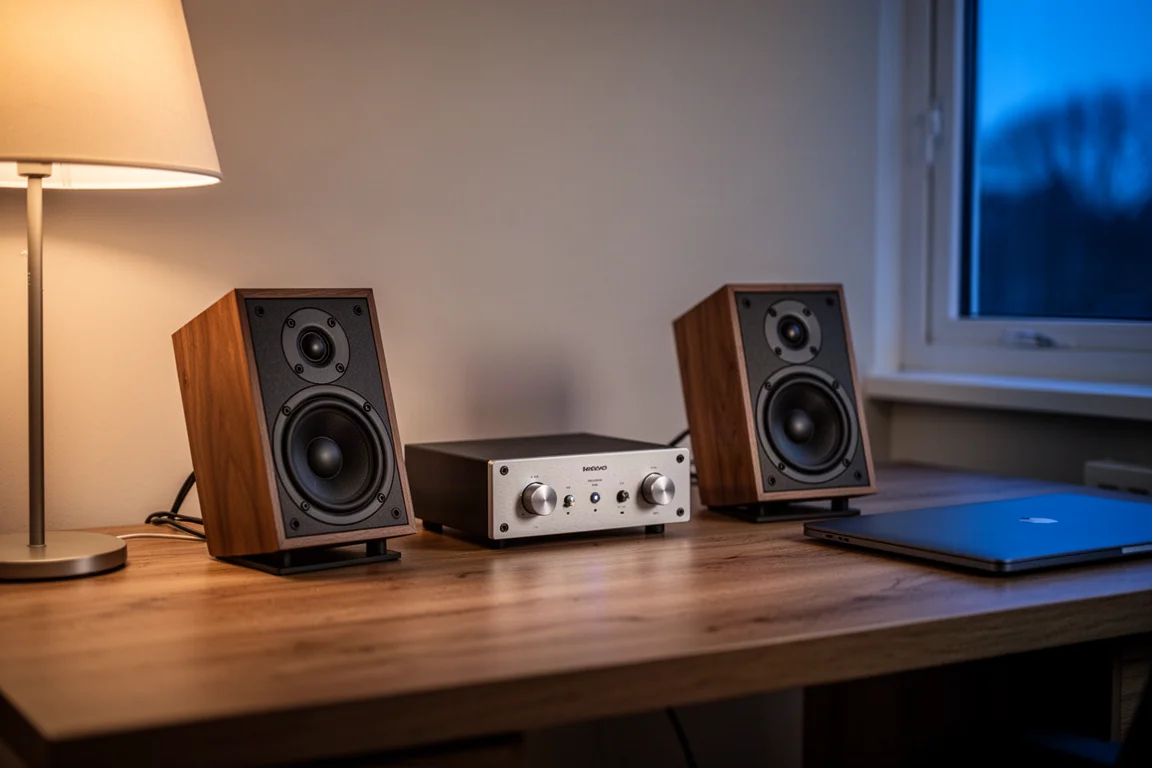 Desktop nearfield speaker setup at dusk with a compact amplifier between two small speakers