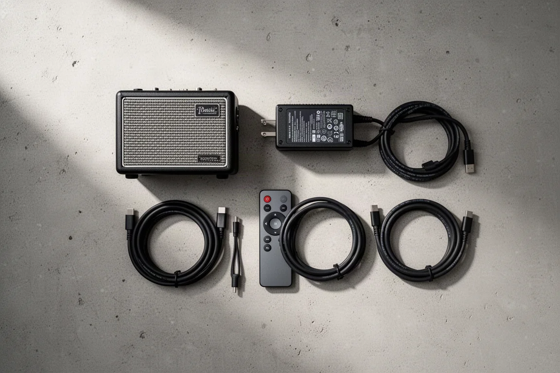 Overhead flat-lay of a compact amplifier, power supply, remote and cables on concrete