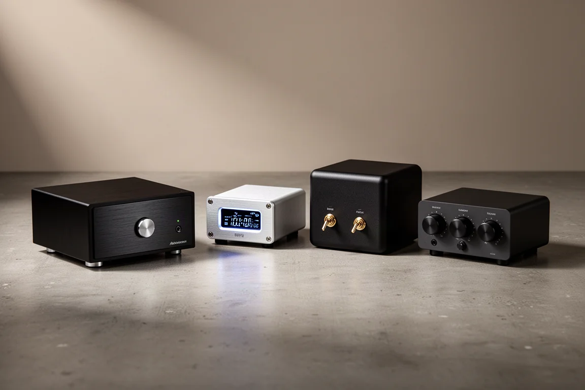 Four compact stereo amplifiers arranged in a row on a concrete surface