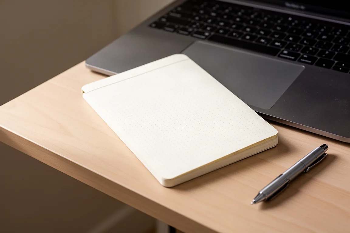 Kompaktowy notatnik o połowie formatu leżący przed klawiaturą laptopa