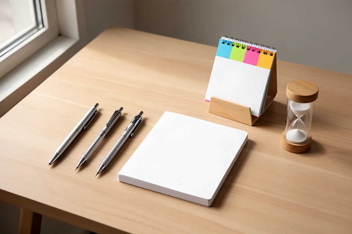 Flat-lay of stationery including pens, a notebook, a memo pad stand, and an hourglass on a wooden desk