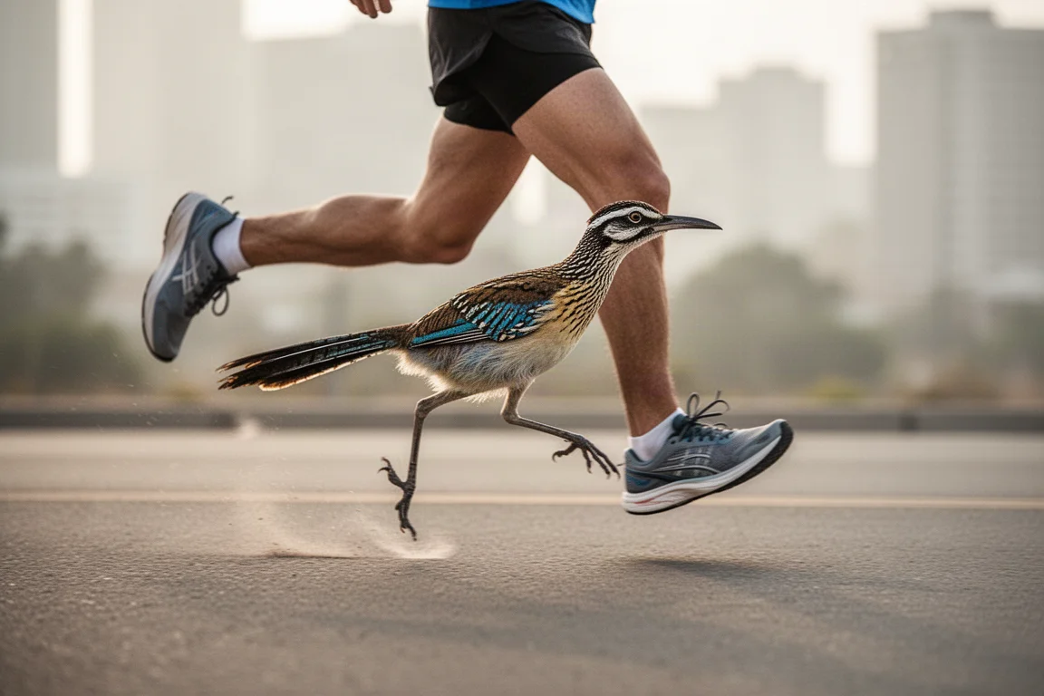 Runner landing midfoot on smooth tarmac during a long road run