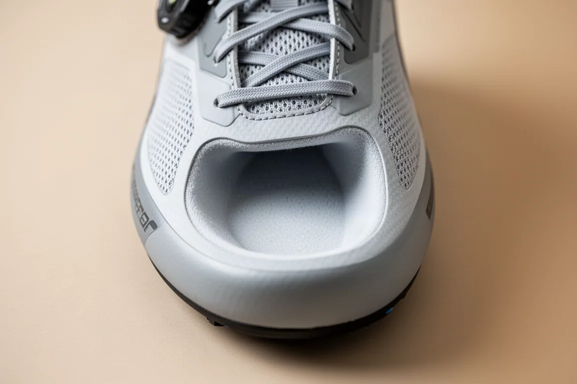 Close-up of a wide anatomical toe box showing toe splay room inside a racing shoe