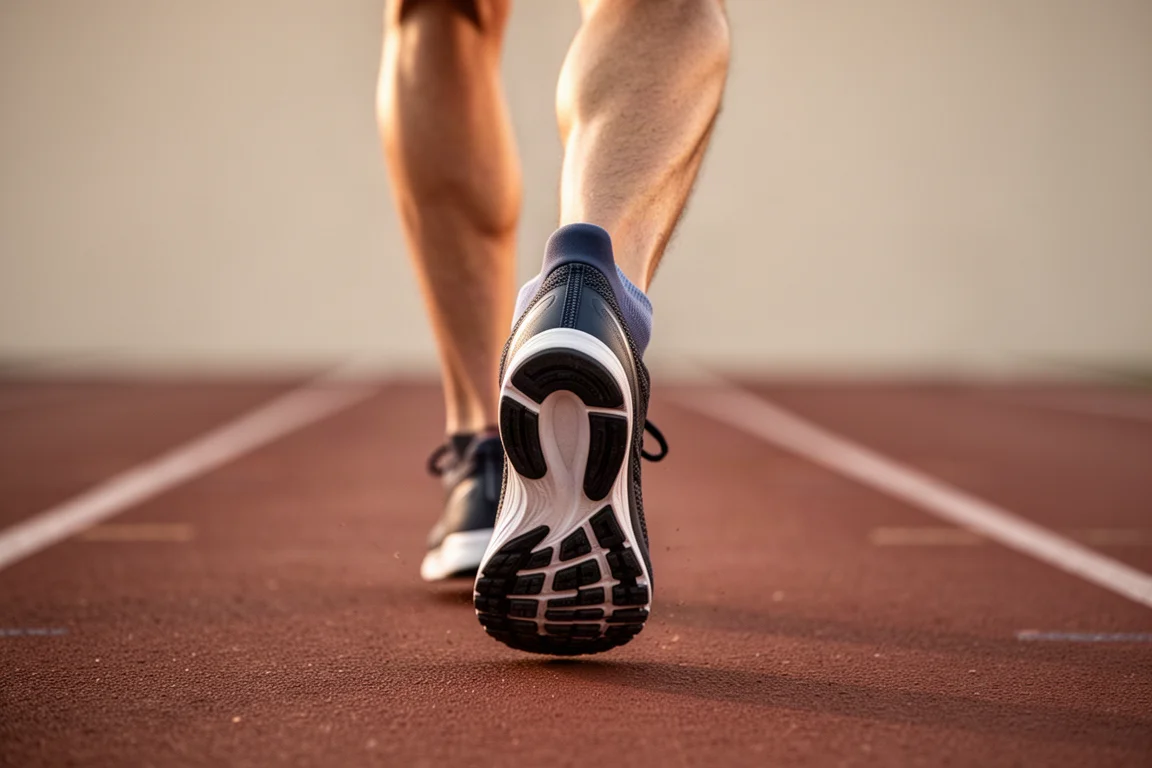 Runner's heel in motion on a track, highlighting a flexible heel design
