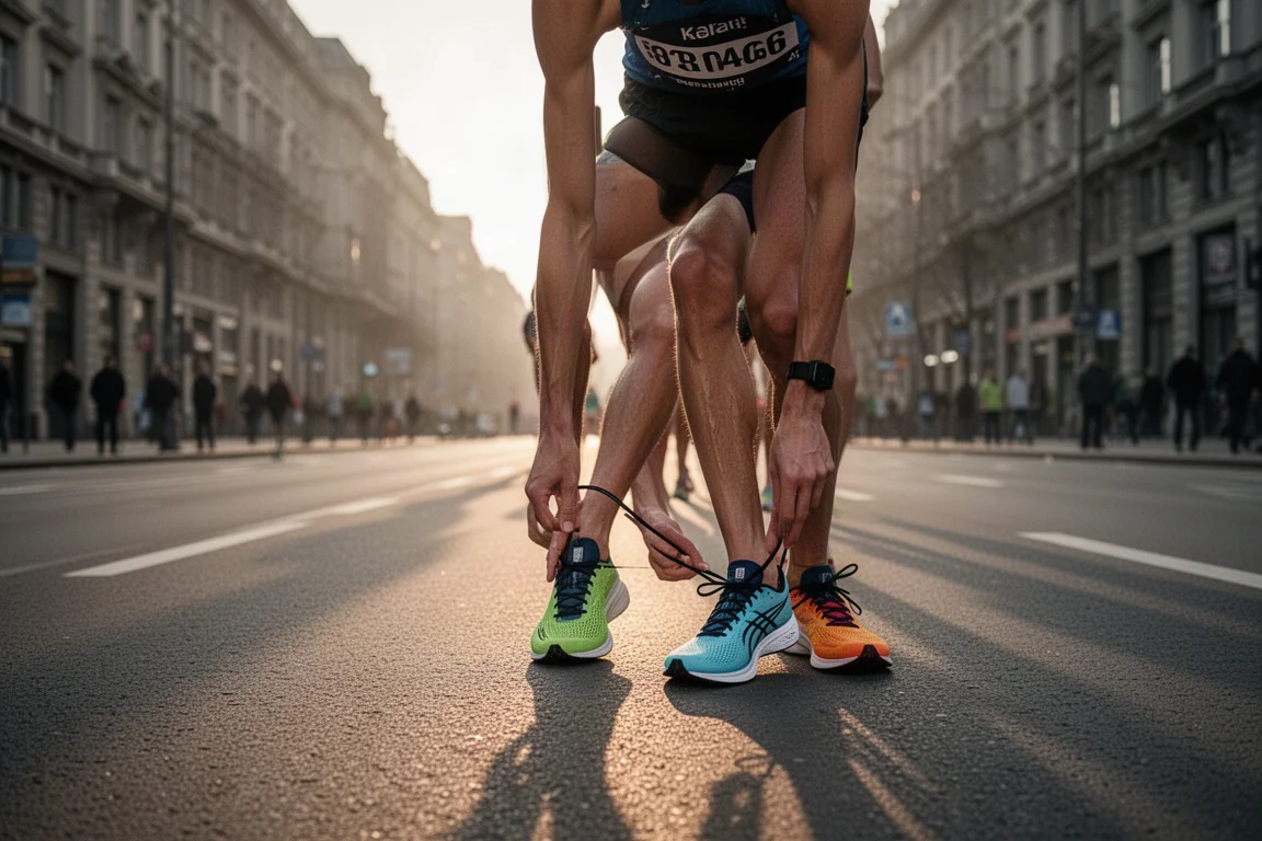 Runner preparing for a marathon race at dawn on a city road