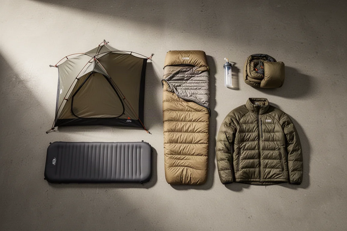 Backpacking gear flat-lay with tent, sleeping pad, quilt, jacket, and filter on concrete