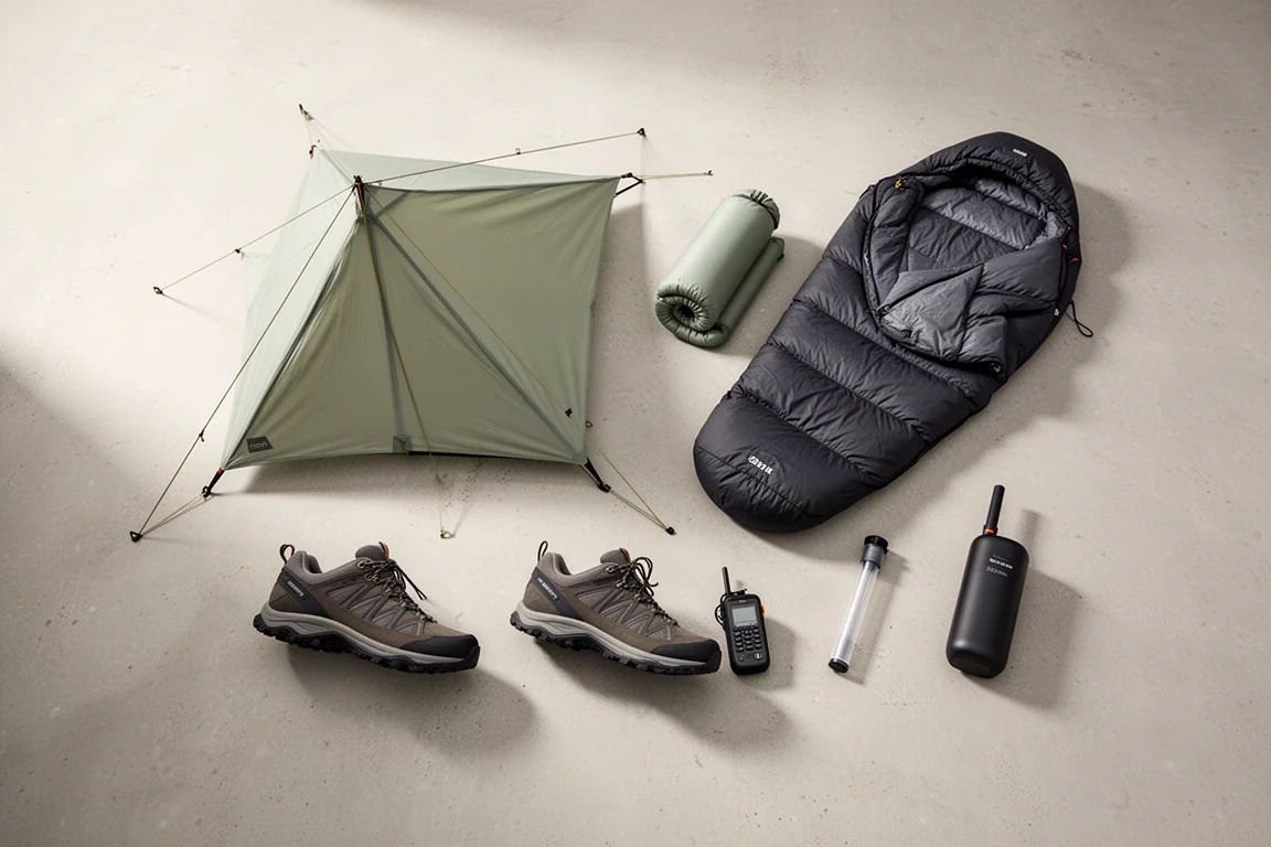 Flat-lay of backpacking gear including shelter, sleeping bag, pad, hiking shoe and water filter