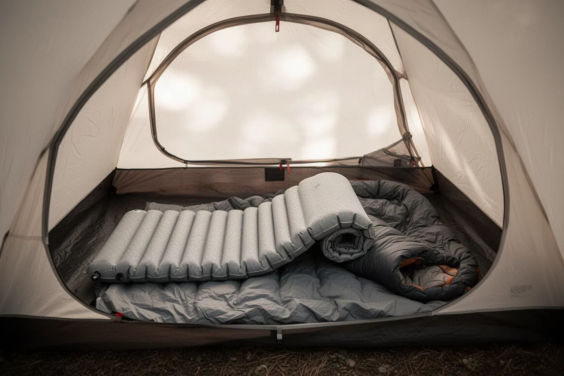 Een slaapmat opgezet in een tent met een slaapzak erop