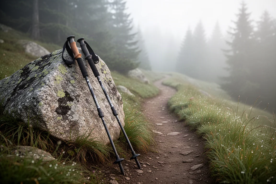 Trekkingpoles leunen tegen een rots op een bergpad