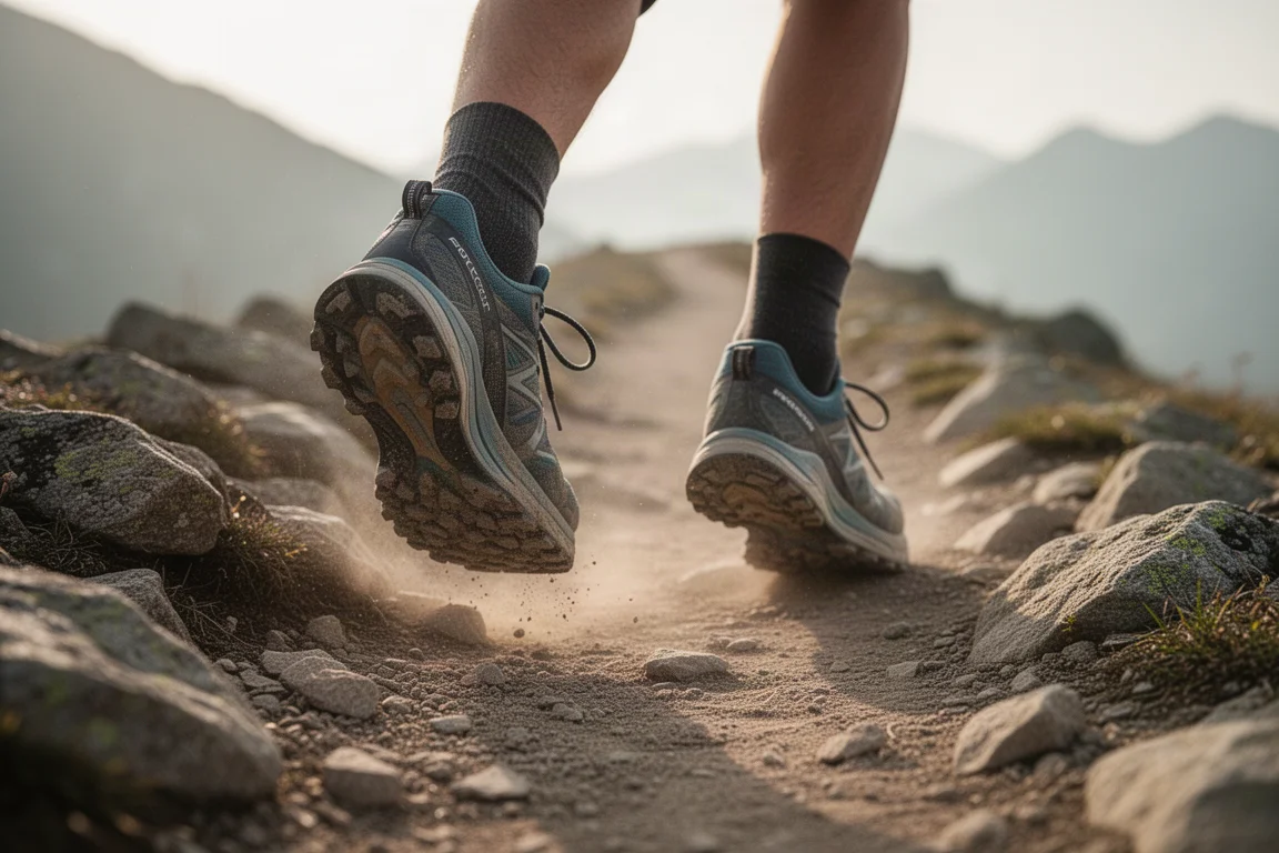 De voeten van een wandelaar in trailschoenen op een rotsachtig pad