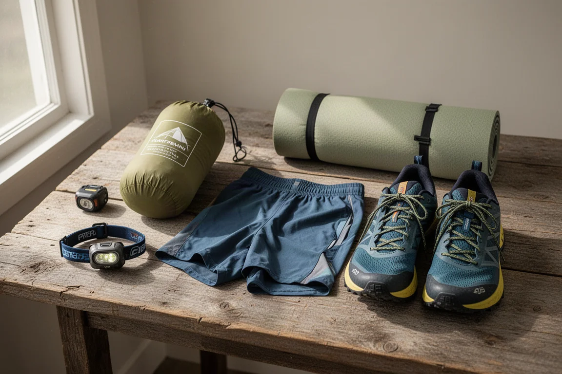 Flat lay of backpacking gear including headlamp, tent, sleeping pad, shorts, and trail shoes