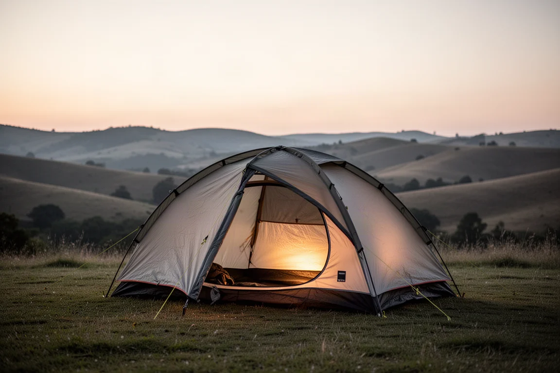 Barraca ultraleve para duas pessoas montada em camping gramado ao anoitecer