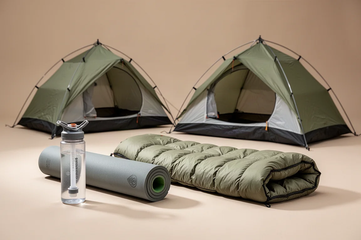 Collection of outdoor gear including water filter, sleeping pad, quilt, and ultralight tents