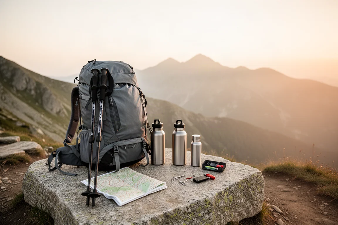 Riparo con bastoncini da trekking, sedia da campeggio e stuoino in un campeggio di granito al crepuscolo