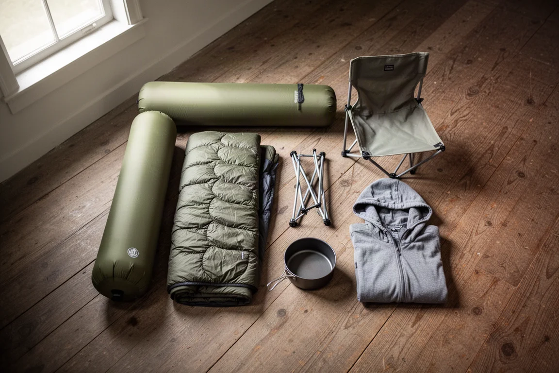 Attrezzatura da backpacking distesa sul cemento: zaino, stuoino, sedia, quilt, sacca di compressione