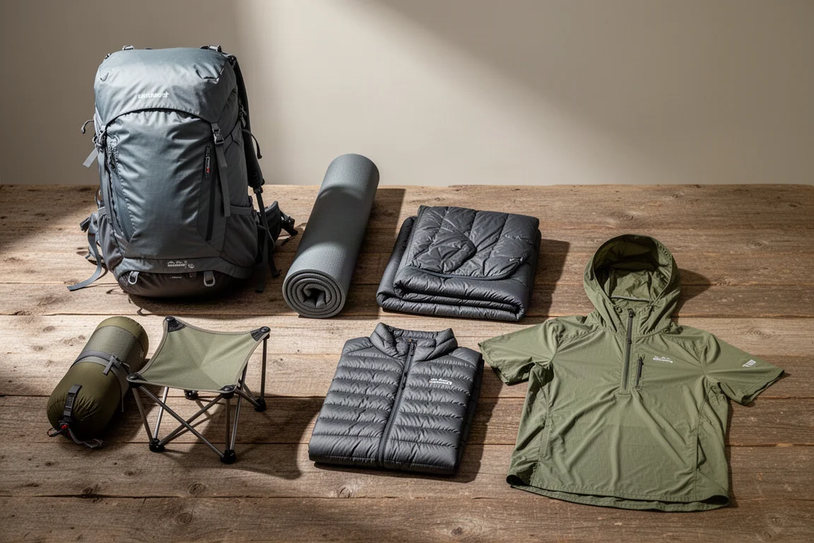 Backpacking gear group on concrete: backpack, sleeping pad, down jacket, camp chair, quilt