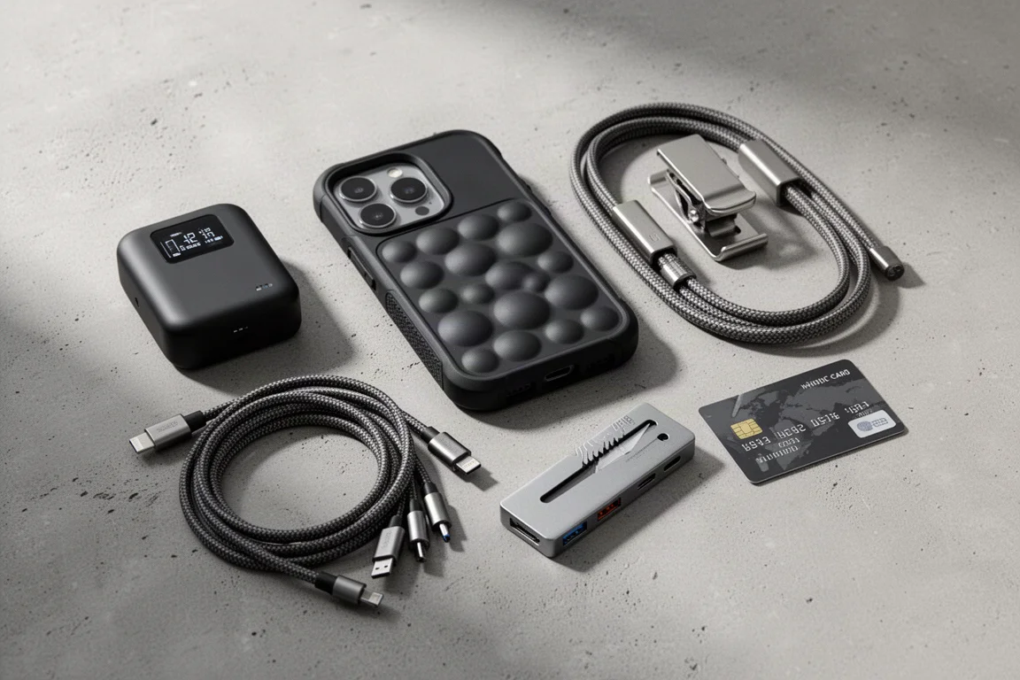 Flat-lay of six modern phone accessories on a matte concrete surface