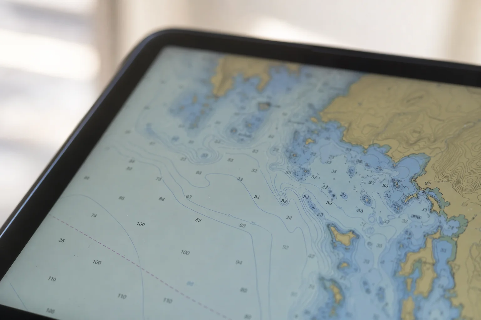 Primo piano dello schermo di un tablet che mostra dati batimetrici dettagliati e curve di livello