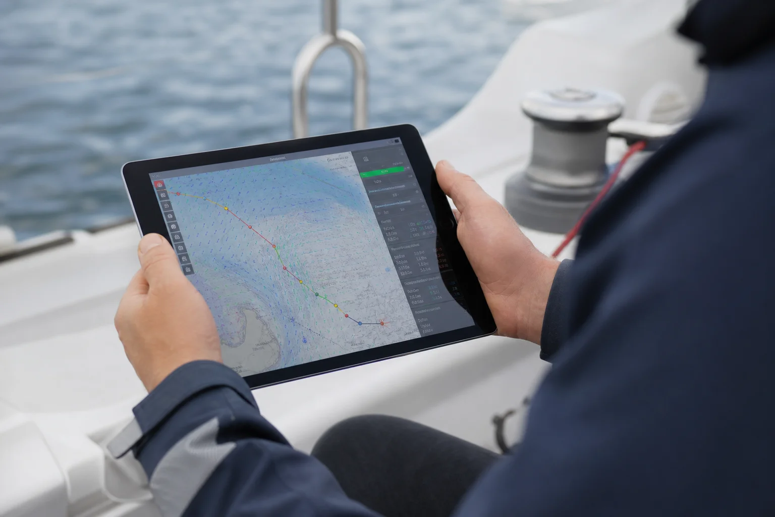 Marinaio che controlla il routing meteo e la pianificazione della rotta su un display tablet