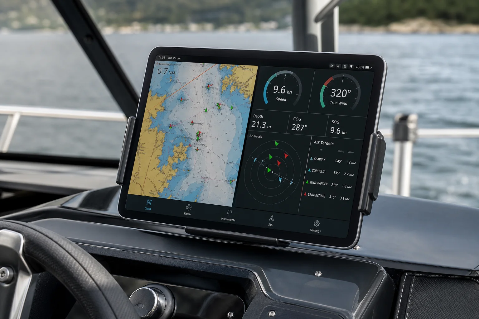 Tablet montato sulla console di una barca che mostra dati di navigazione in tempo reale