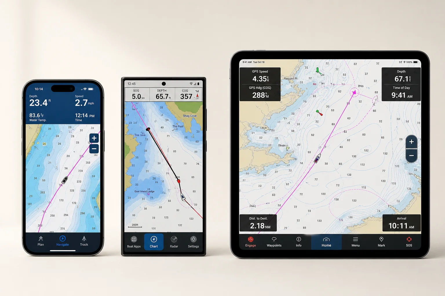 Three mobile devices displaying different marine chartplotter app interfaces with nautical charts