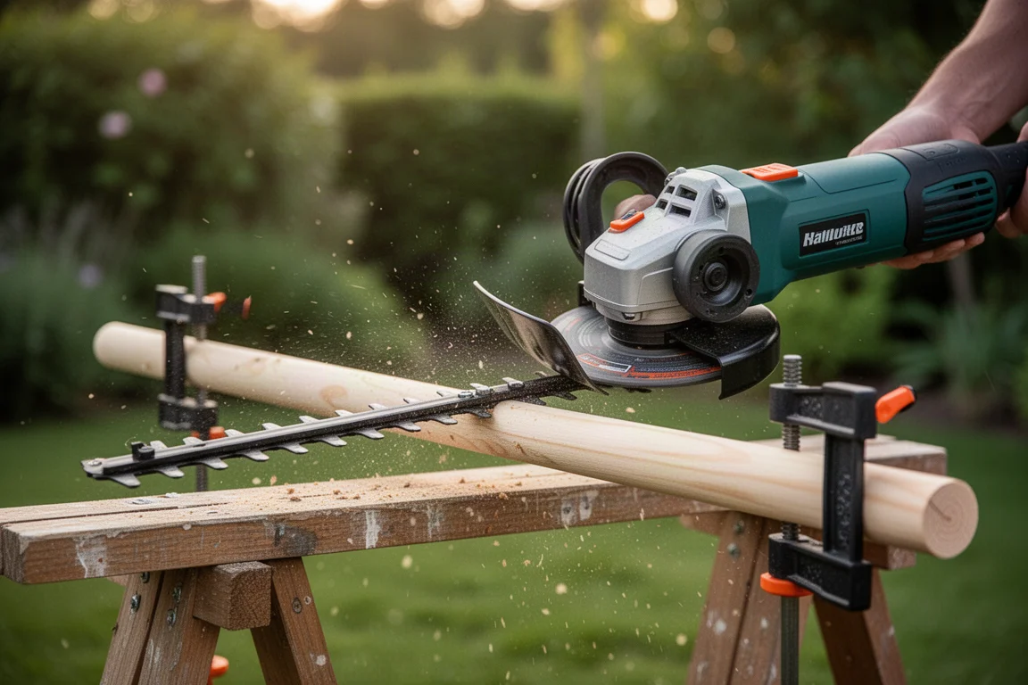 Accessore tagliasiepi che taglia un tassello di legno da mezzo pollice all'aperto