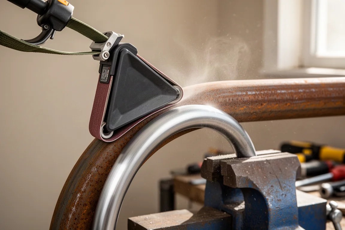 Accessorio levigante a nastro triangolare che leviga la superficie di un tubo d'acciaio rotondo